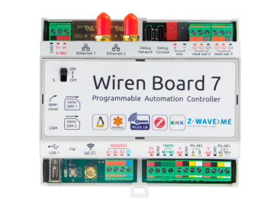 Контроллер Wiren Board 7 2GB: Z-Wave, Zigbee / KNX Контроллер Wiren Board 7 - интеграция с проводными системами SmartBus, KNX, modbus и беспроводными Z-Wave, Zigbee, 2 Гбайт RAM, 64 Гбайт eMMC (Industrial)